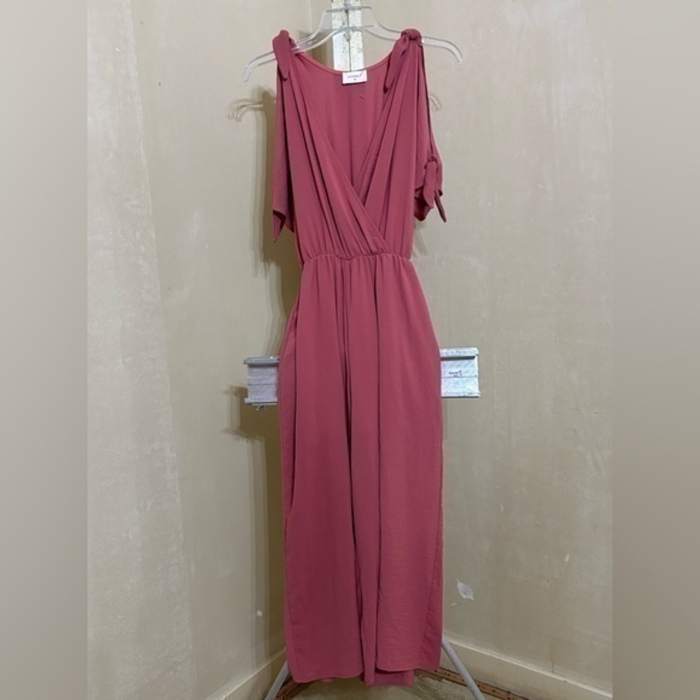 Everly Pink Tie Shoulder Sleeve Jumpsuit Small Romantic Coastal Feminine Boho